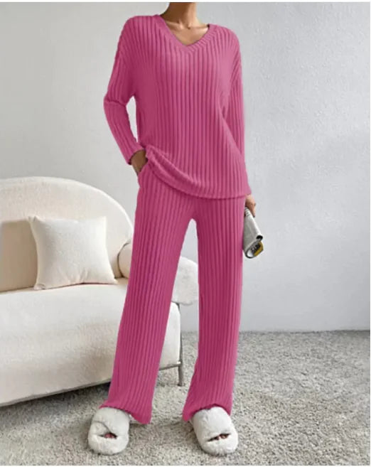 V-Neck Striped Suit &amp; Straight-Leg Pants Set