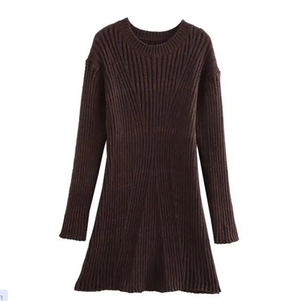 Fashion Solid Ribbed Knitted Dress Fall And Winter Slim-fit Stand-up Collar A-line Dresses Women&