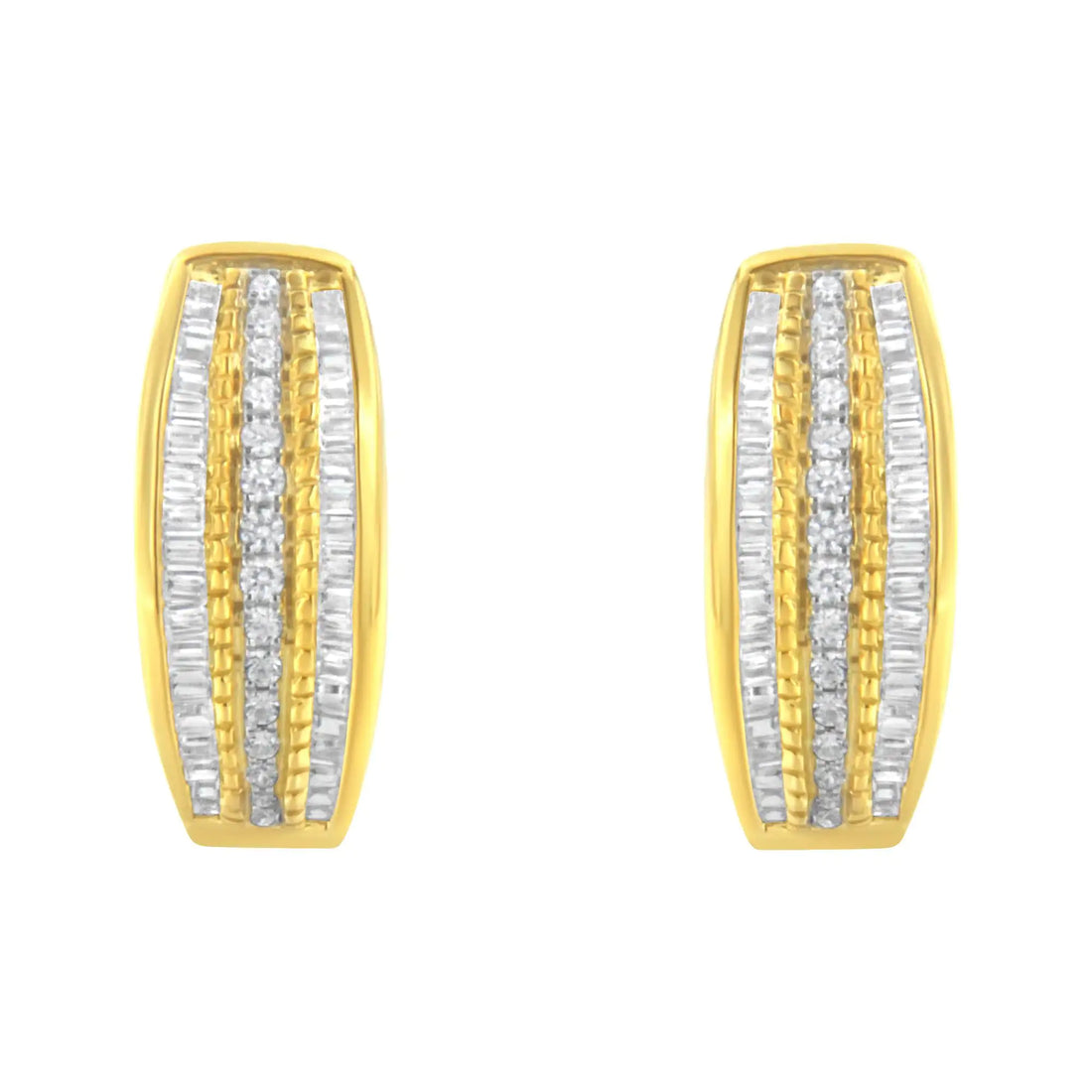 10K Yellow Gold 3/4 Cttw Pave and Channel Set Diamond Triple Row Modern Hoop Earrings (I-J Color, I2-I3 Clarity)