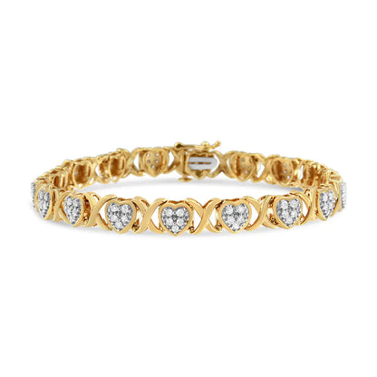 14KY Yellow Gold Plated .925 Sterling Silver 1.00 Cttw Diamond Heart and X Link Bracelet (I-J Color, I3 Clarity) - 7.25&quot; Inches