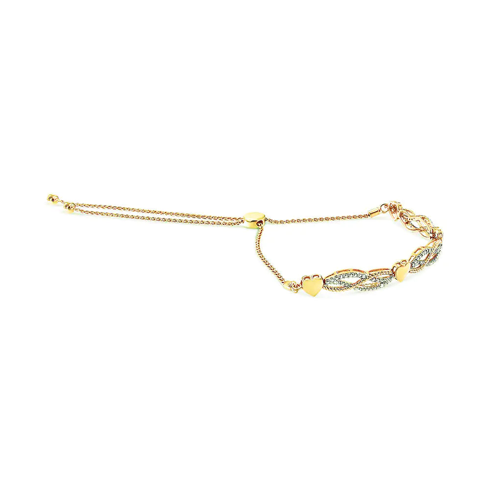 14K Yellow Gold Plated .925 Sterling Silver 1/10 Cttw Diamond Wave and Hearts Bolo Bracelet (I-J Color, I2-I3 Clarity) - 4&quot;-10&quot; Adjustable