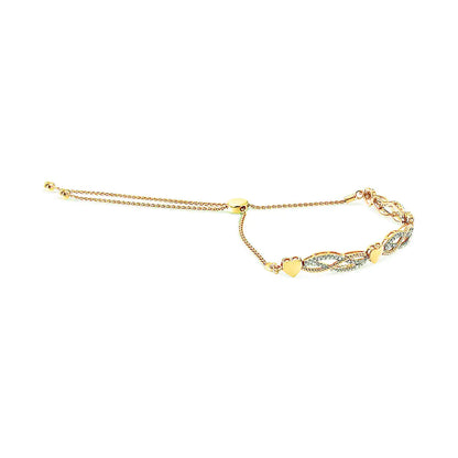 14K Yellow Gold Plated .925 Sterling Silver 1/10 Cttw Diamond Wave and Hearts Bolo Bracelet (I-J Color, I2-I3 Clarity) - 4&quot;-10&quot; Adjustable