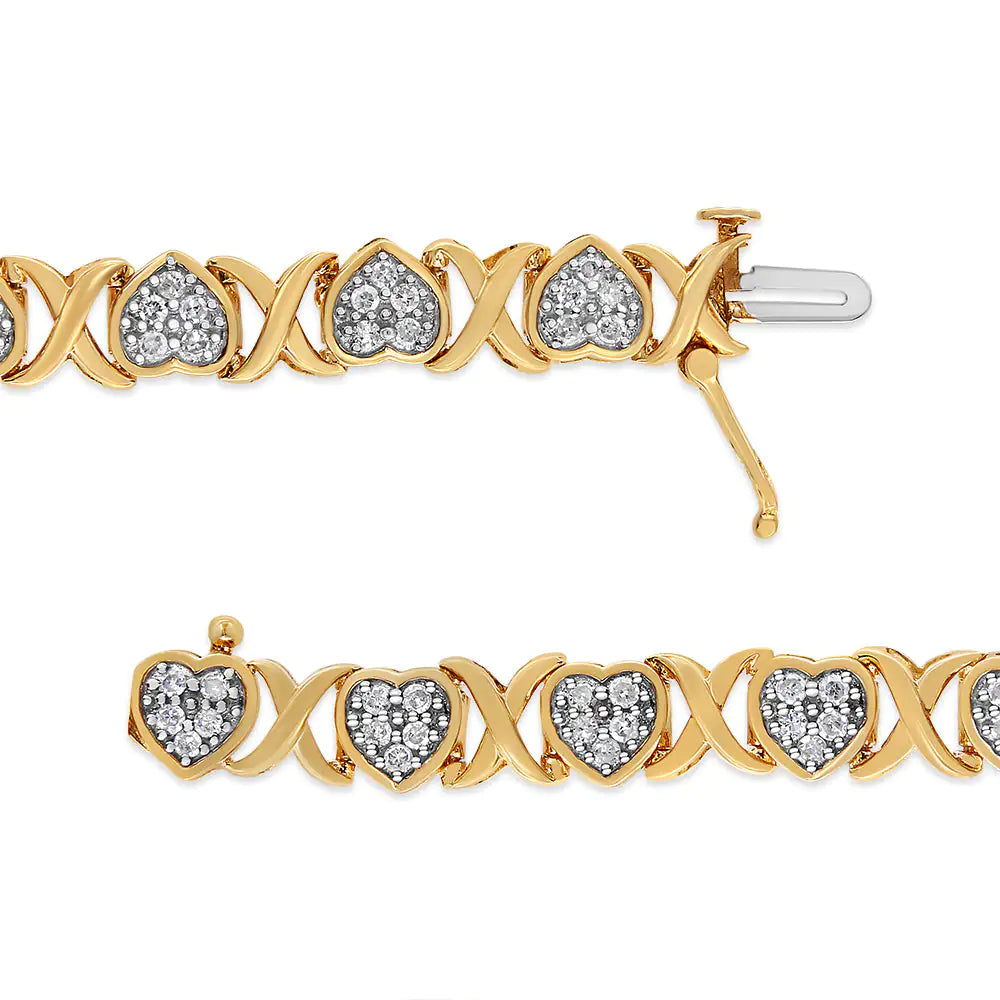 14KY Yellow Gold Plated .925 Sterling Silver 1.00 Cttw Diamond Heart and X Link Bracelet (I-J Color, I3 Clarity) - 7.25&quot; Inches