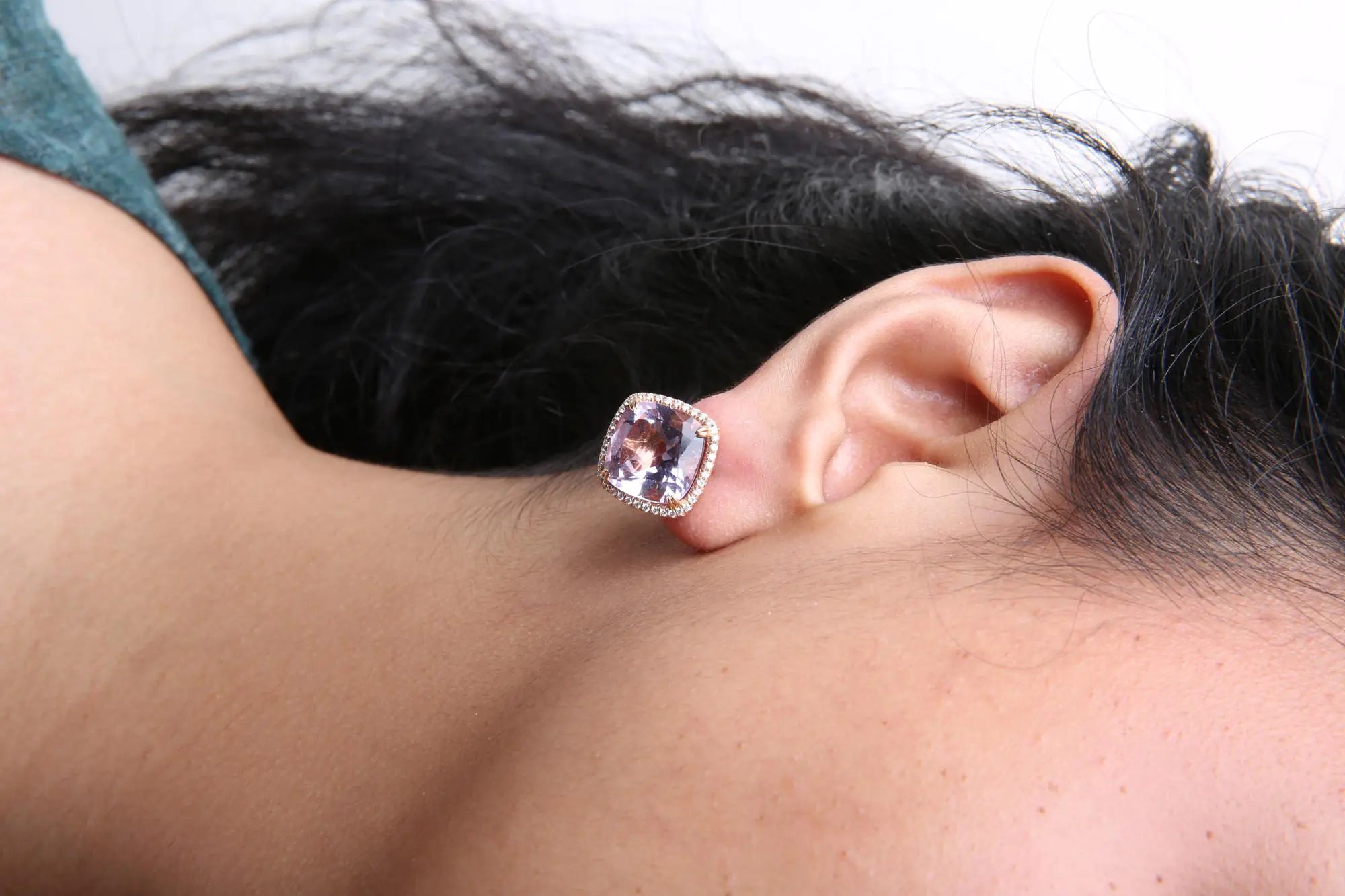 18K Rose and White Gold 9/10 Cttw Round Diamond and 15mm Cushion Cut Rose De France Pink Amethyst Gemstone Clip On Stud Earring (G-H Color, SI1-SI2 Clarity)