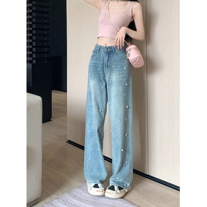 Pearl Straight Jeans High Waist Slim-fit Wide-leg Pants Women