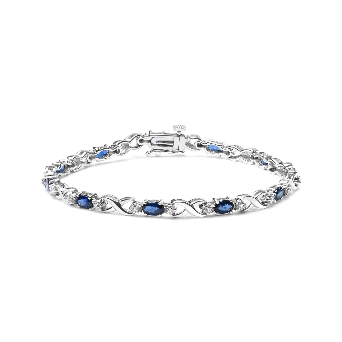 10K White Gold 5x4mm Oval Sapphire Gemstone and 1/10 Cttw Diamond Prong Set &quot;X&quot; Link Bracelet - Size 7&quot; (H-I Color, SI1-SI2 Clarity)