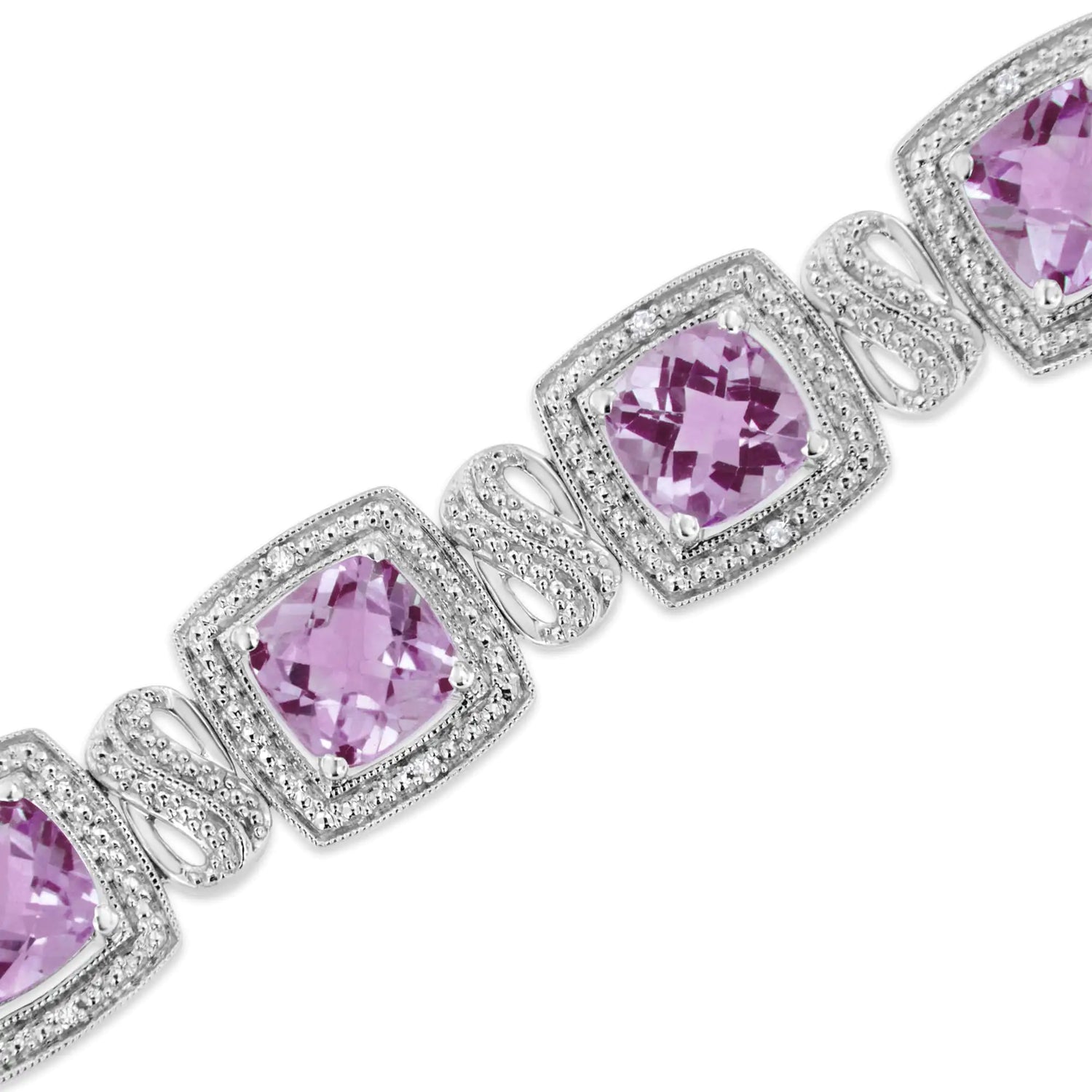 .925 Sterling Silver 7x7 mm Cushion Cut Purple Amethyst and 1/10 cttw Round Cut Diamond Square Shape Tennis Bracelet (I-J Color, I1-I2 Clarity) - 7&quot;