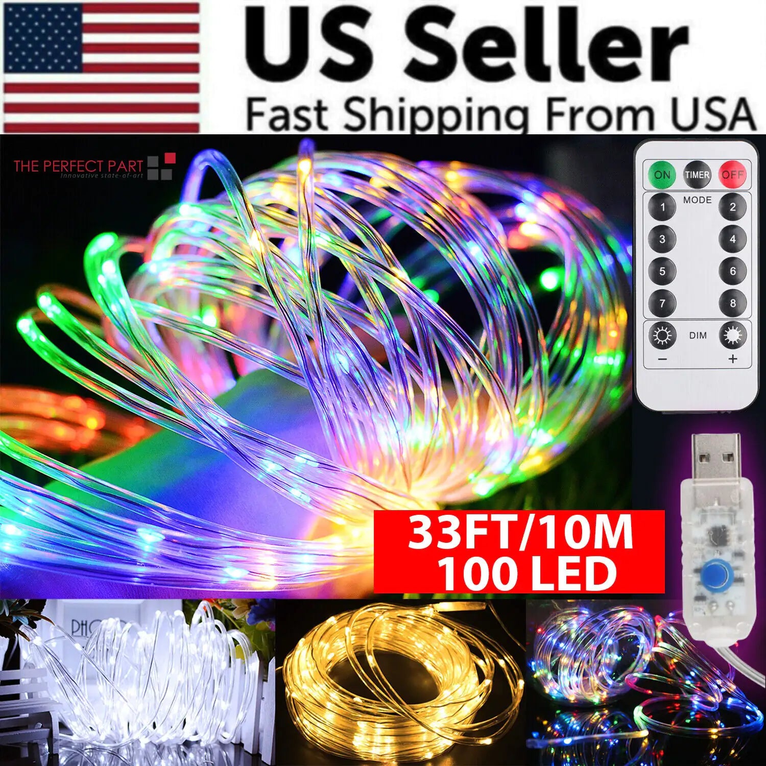 33FT 100 LED Strip Rope Light Tube String Outdoor Garden Party Decoration Lights