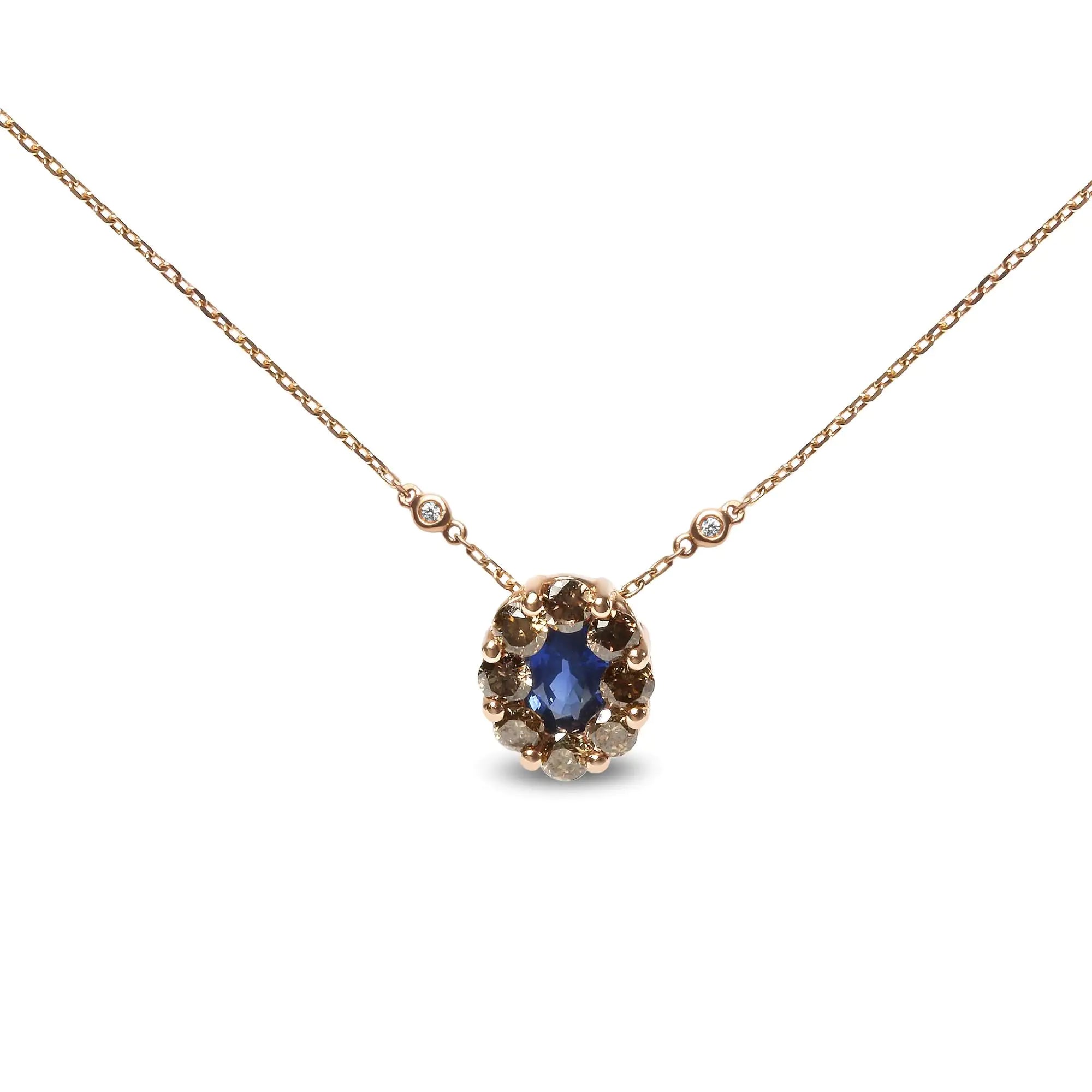 18K Rose Gold 5/8 Cttw White and Brown Diamond Accent and 7 x 4mm Oval Blue Sapphire Gemstone Statement Halo Cluster Pendant Necklace (Brown and G-H Color, SI1-SI2 Clarity) - Adjustable up to 16&quot; - 18&quot;