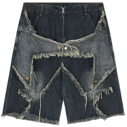 Loose-Fit Casual Denim Shorts With Frayed Hem And Patchwork