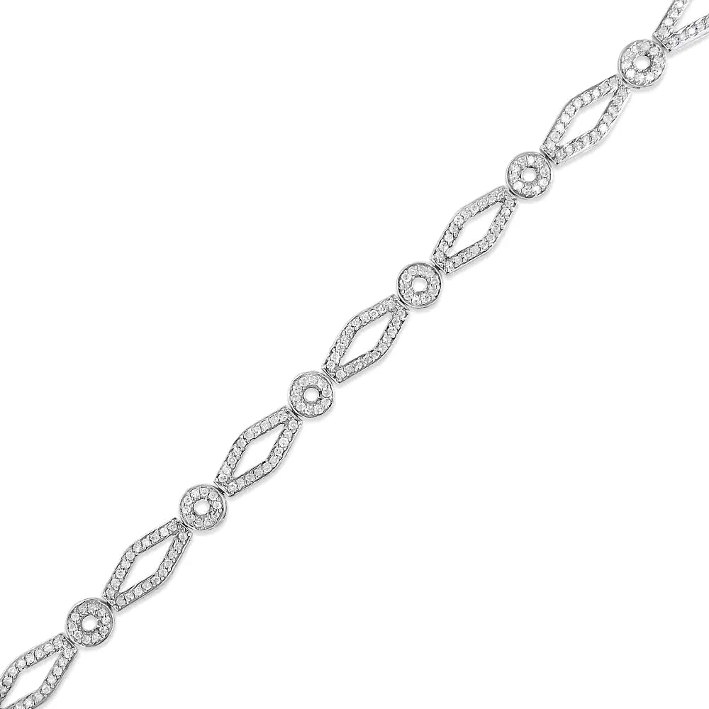 .925 Sterling Silver 1 1/2 Cttw Diamond Studded Alternating Circle and Kite-Shaped Vintage-Style Link Bracelet (I-J Color, I2-I3 Clarity) 7 Inch