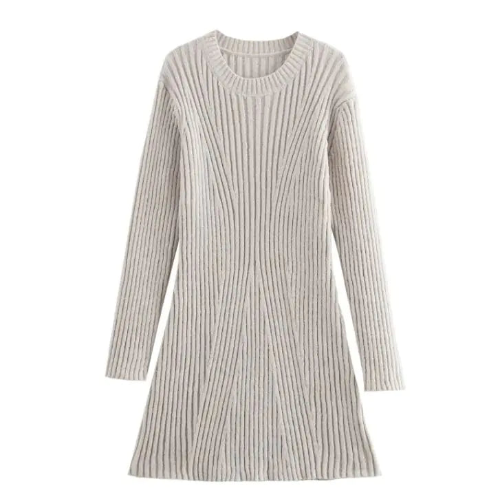 Fashion Solid Ribbed Knitted Dress Fall And Winter Slim-fit Stand-up Collar A-line Dresses Women&