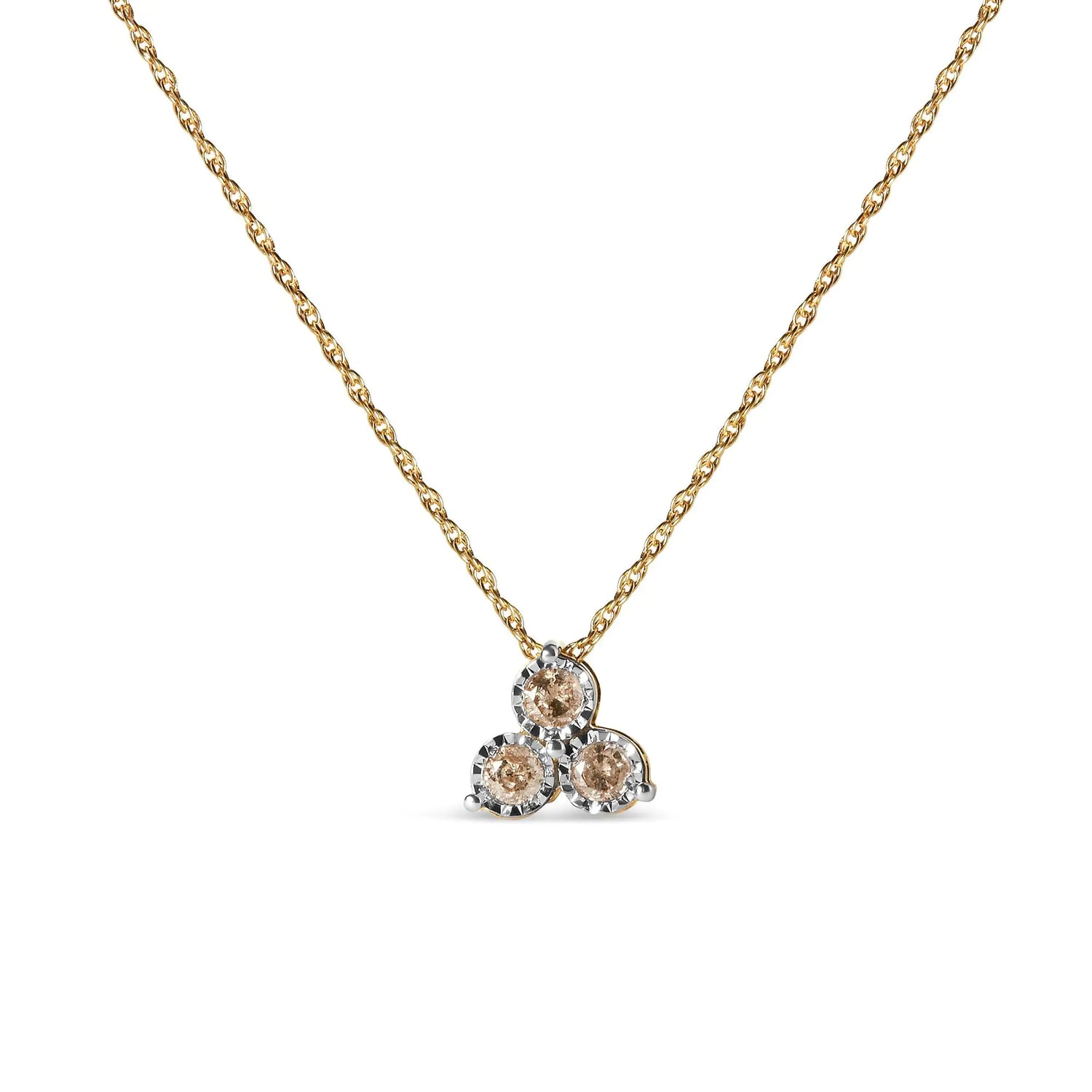 14K Yellow Gold Plated .925 Sterling Silver 1/4 Cttw Diamond 3 Stone Trio 18&quot; Pendant Necklace (J-K Color, I1-I2 Clarity)