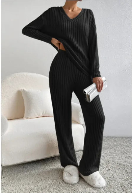 V-Neck Striped Suit &amp; Straight-Leg Pants Set