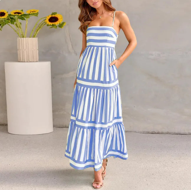 Striped Summer Maxi Dress with Pockets – Backless Beach Style