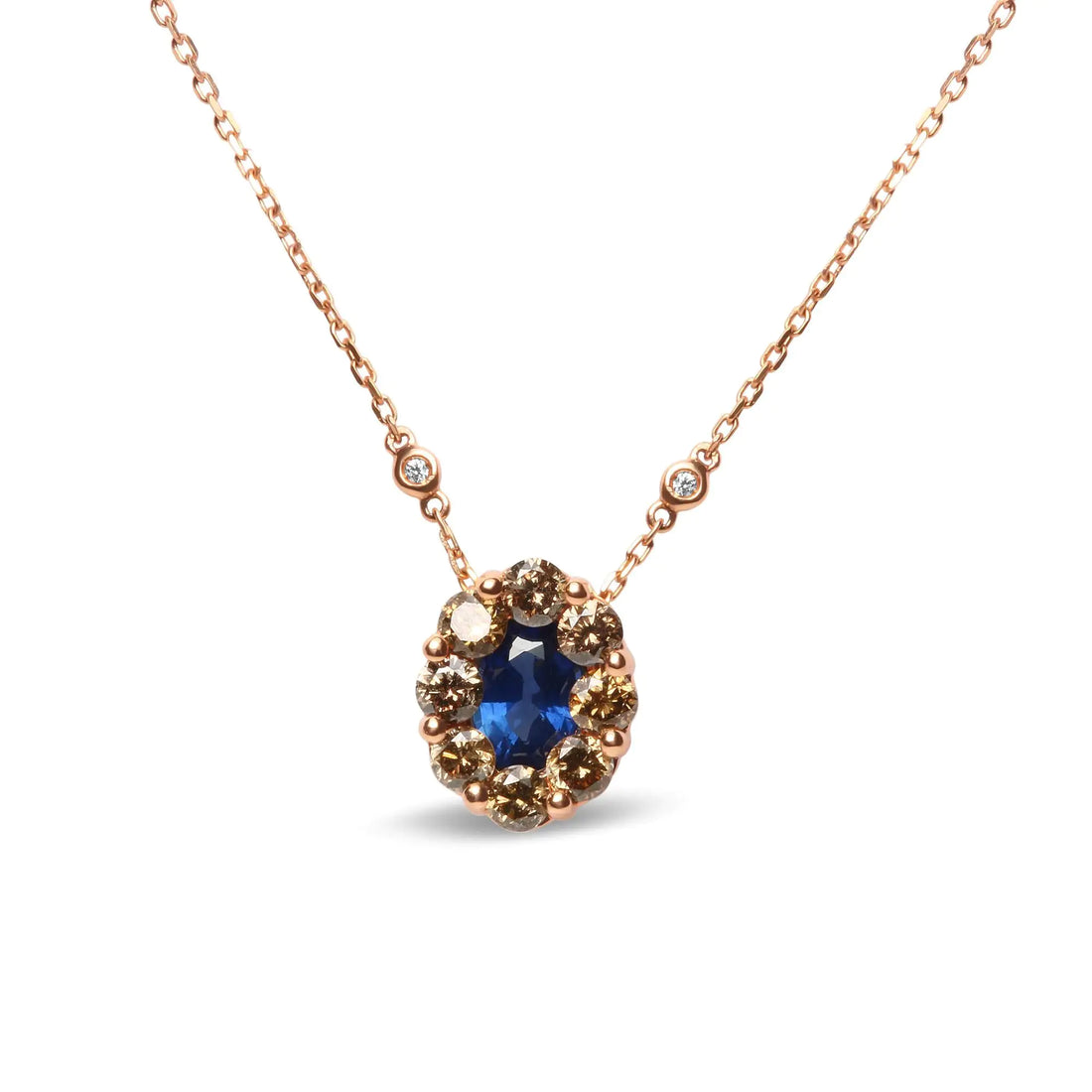 18K Rose Gold 5/8 Cttw White and Brown Diamond Accent and 7 x 4mm Oval Blue Sapphire Gemstone Statement Halo Cluster Pendant Necklace (Brown and G-H Color, SI1-SI2 Clarity) - Adjustable up to 16&quot; - 18&quot;