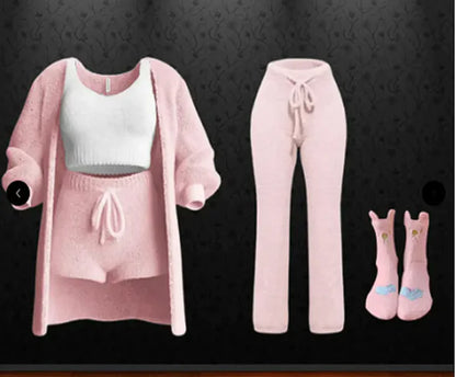 Autumn And Winter New Knitted Plush Long Sleeve Coat Vest Shorts Four-piece Set