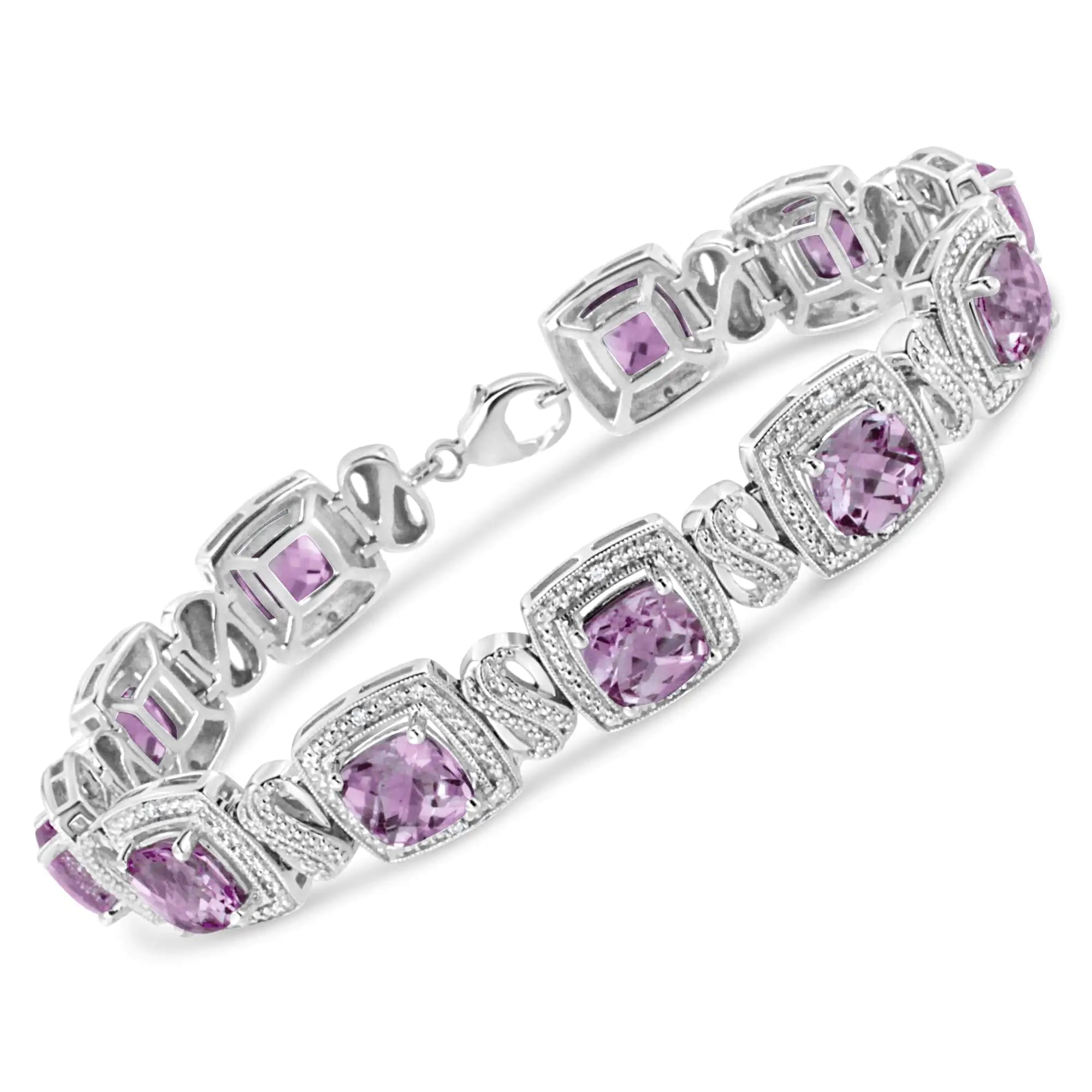 .925 Sterling Silver 7x7 mm Cushion Cut Purple Amethyst and 1/10 cttw Round Cut Diamond Square Shape Tennis Bracelet (I-J Color, I1-I2 Clarity) - 7&quot;