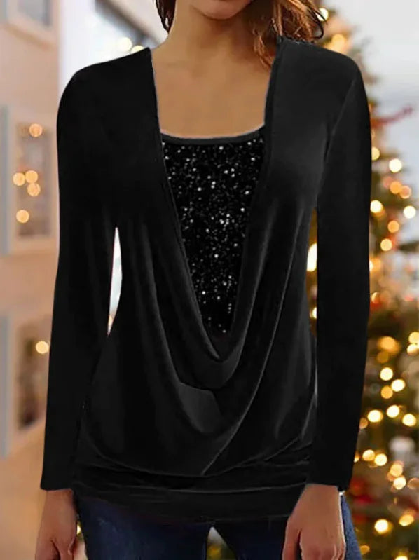 Sequin-Stitched U-Neck Long-Sleeve Top