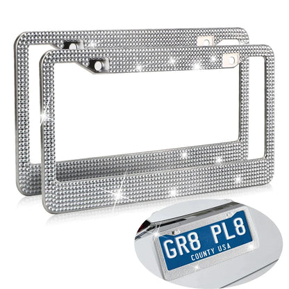 2PCS Bling License Plate Frame Glitter Crystal Sparkling Rhinestone Diamond Caps