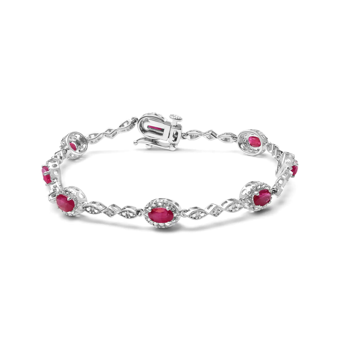 10K White Gold 4.5mm x 3mm Oval Ruby and Diamond Link Bracelet (H-I Color, SI1-SI2 Clarity)  - Size 7&quot;