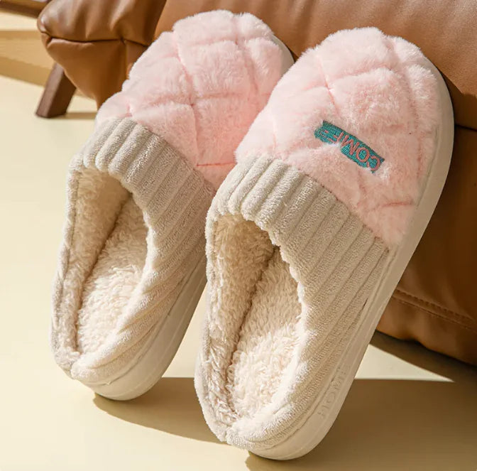 Solid Rhombic Letter Home Slippers Winter Warm Non-slip Floor Bedroom Plush Slipper For Couple House Shoes Women Men