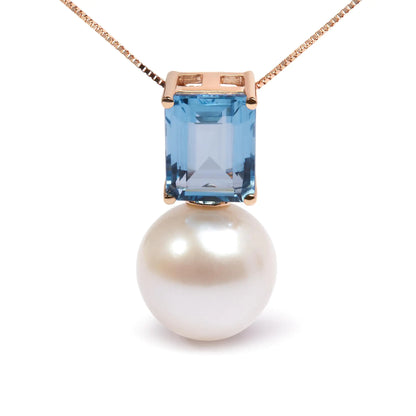 14K Rose Gold 11MM Cultured Freshwater Pearl and 9x7mm Octagon Swiss Blue Topaz Pendant Necklace - 18&quot; Inches