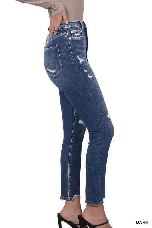 ZENANA DISTRESSED HEM ANKLE SKINNY JEANS