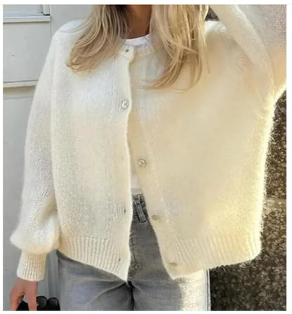 Solid Color Round Neck Single-breasted Cardigan Sweaters Coat