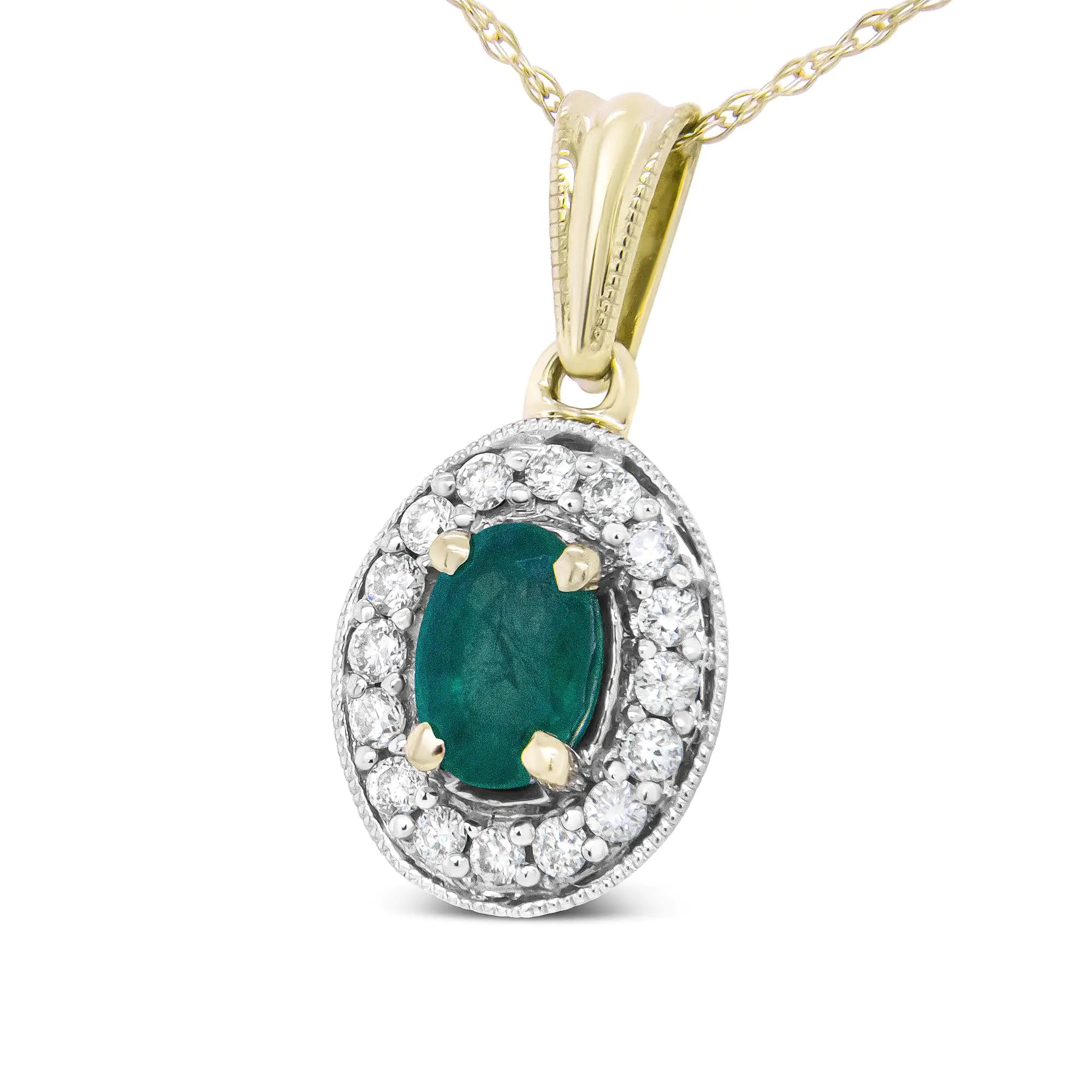 14K Yellow Gold 6x4mm Emerald and 1/5 Cttw Round Diamond Halo Pendant 18&quot; Necklace - (H-I Color, SI1-SI2 Clarity)