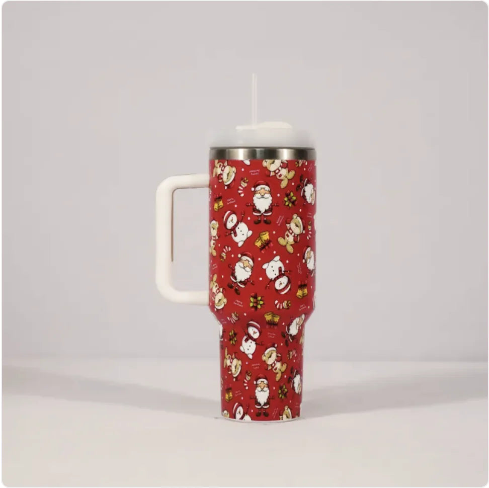 Christmas Stainless Steel Travel Mug with Handle, Lid, and Straw