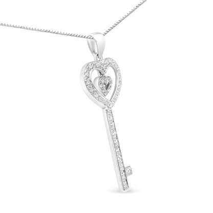 .925 Sterling Silver 1/5 Cttw Round-Cut Diamond Double Heart &amp; Key 18&quot; Pendant Necklace (I-J Color, I3 Clarity)