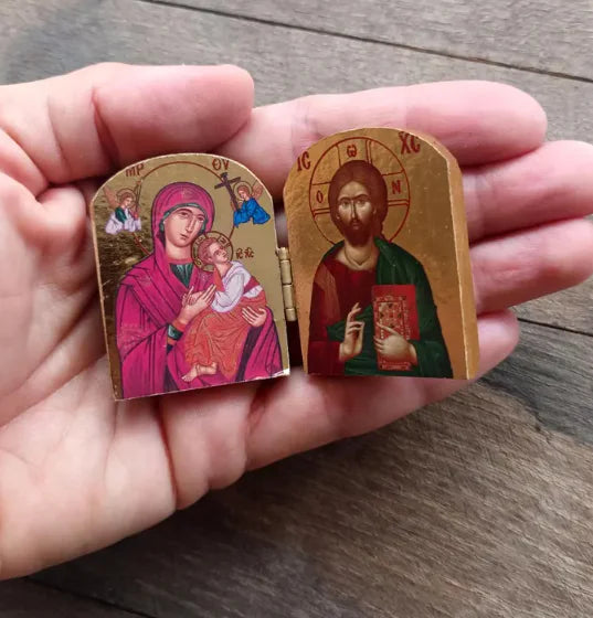 Wooden Christ &amp; Virgin Icon Diptych