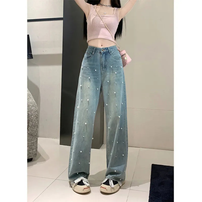 Pearl Straight Jeans High Waist Slim-fit Wide-leg Pants Women