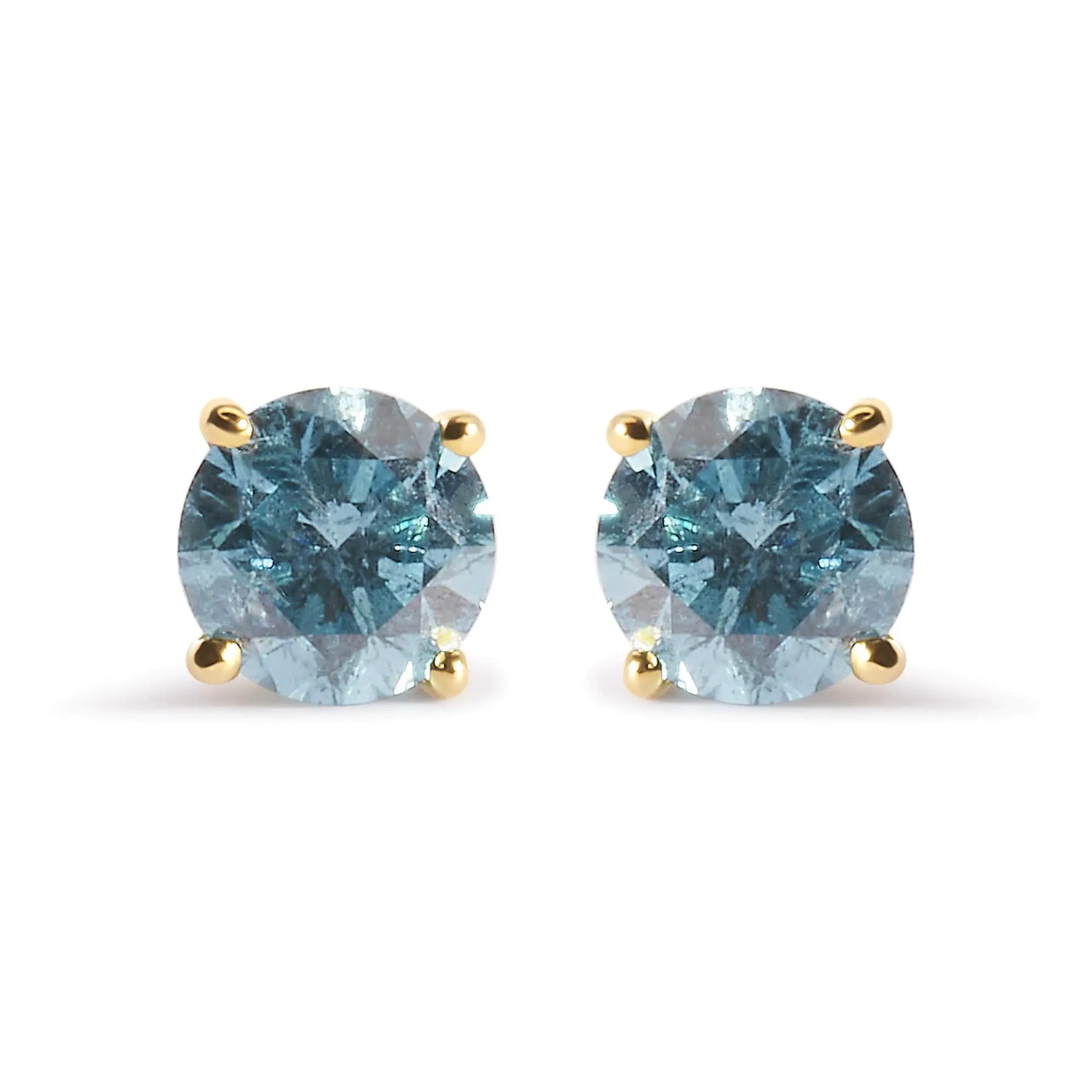 14K Yellow Gold 1.0 Cttw Treated Aqua Blue Diamond Classic Solitaire Stud Earrings (Aqua Blue Color, I2-I3 Clarity)