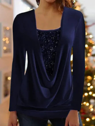 Sequin-Stitched U-Neck Long-Sleeve Top