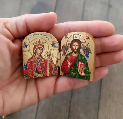 Wooden Christ &amp; Virgin Icon Diptych