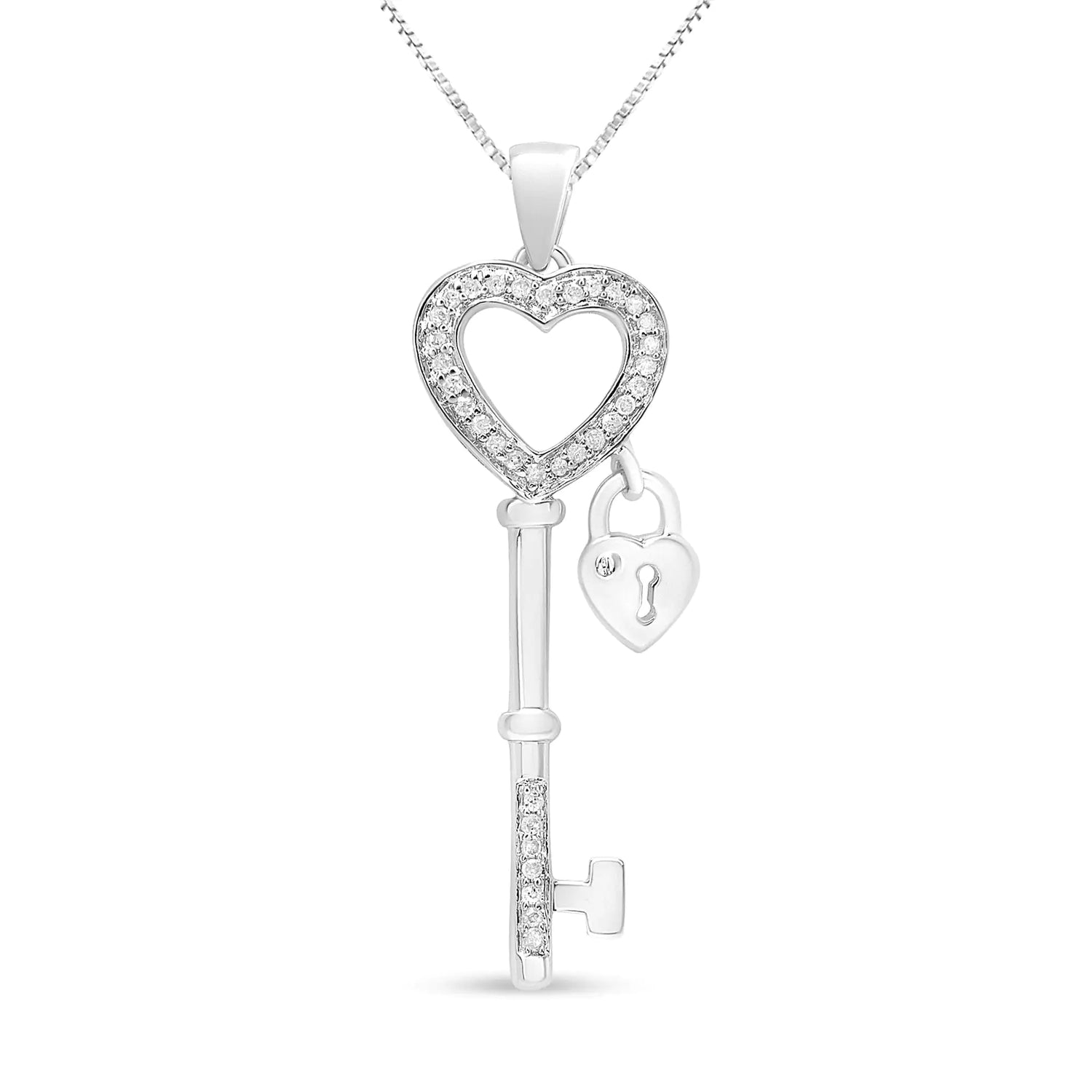 .925 Sterling Silver 1/4 Cttw Diamond Lock &amp; Key heart 18&quot; Pendant Necklace (I-J Color, I3 Clarity)