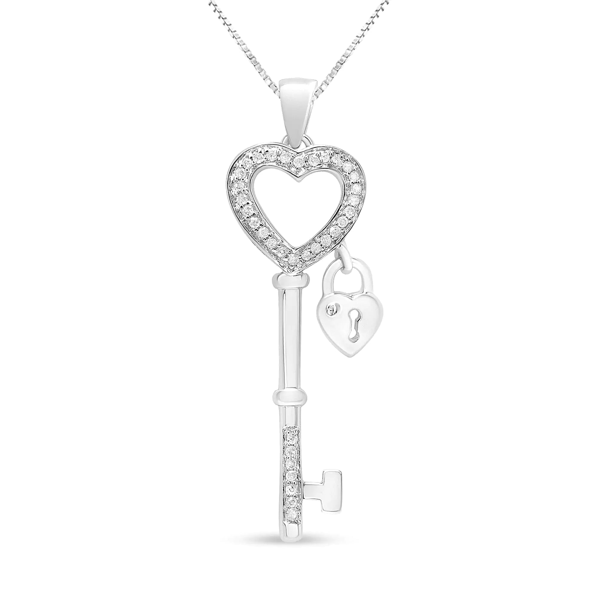 .925 Sterling Silver 1/4 Cttw Diamond Lock &amp; Key heart 18&quot; Pendant Necklace (I-J Color, I3 Clarity)