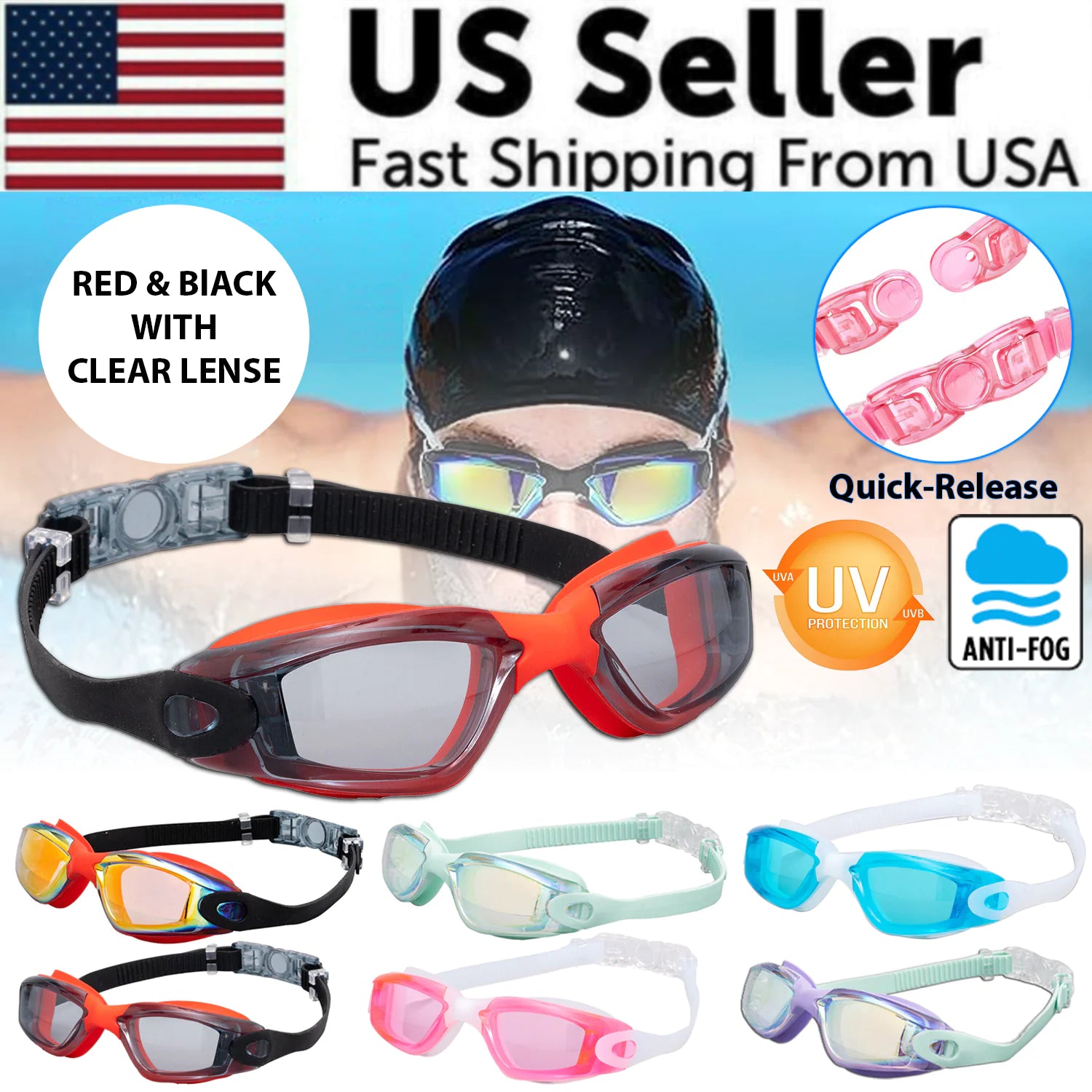 Clear Comfortable Swimming Goggles UV- Anti-Fog Swim Glasses Mirror Adult &amp; Kids