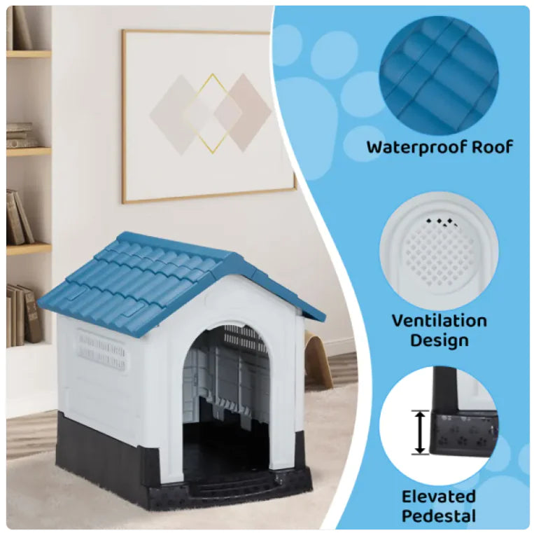 26-Inch Blue &amp; White PVC Pet Cottage with Shutter Design