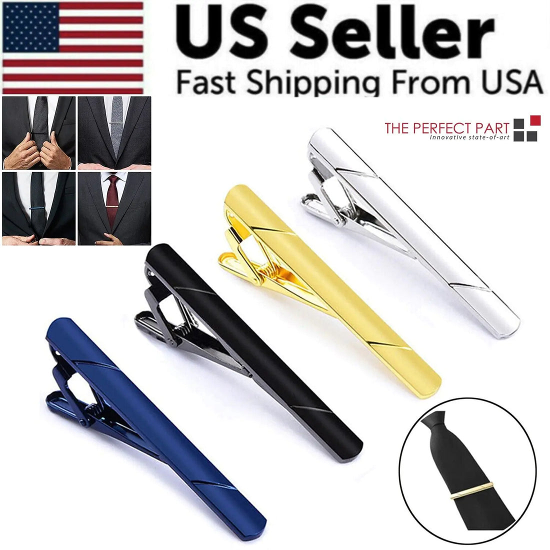 4PCS Mens Stainless Steel Tie Clip Necktie Bar Clasp Clamp Pin Gold Black Silver