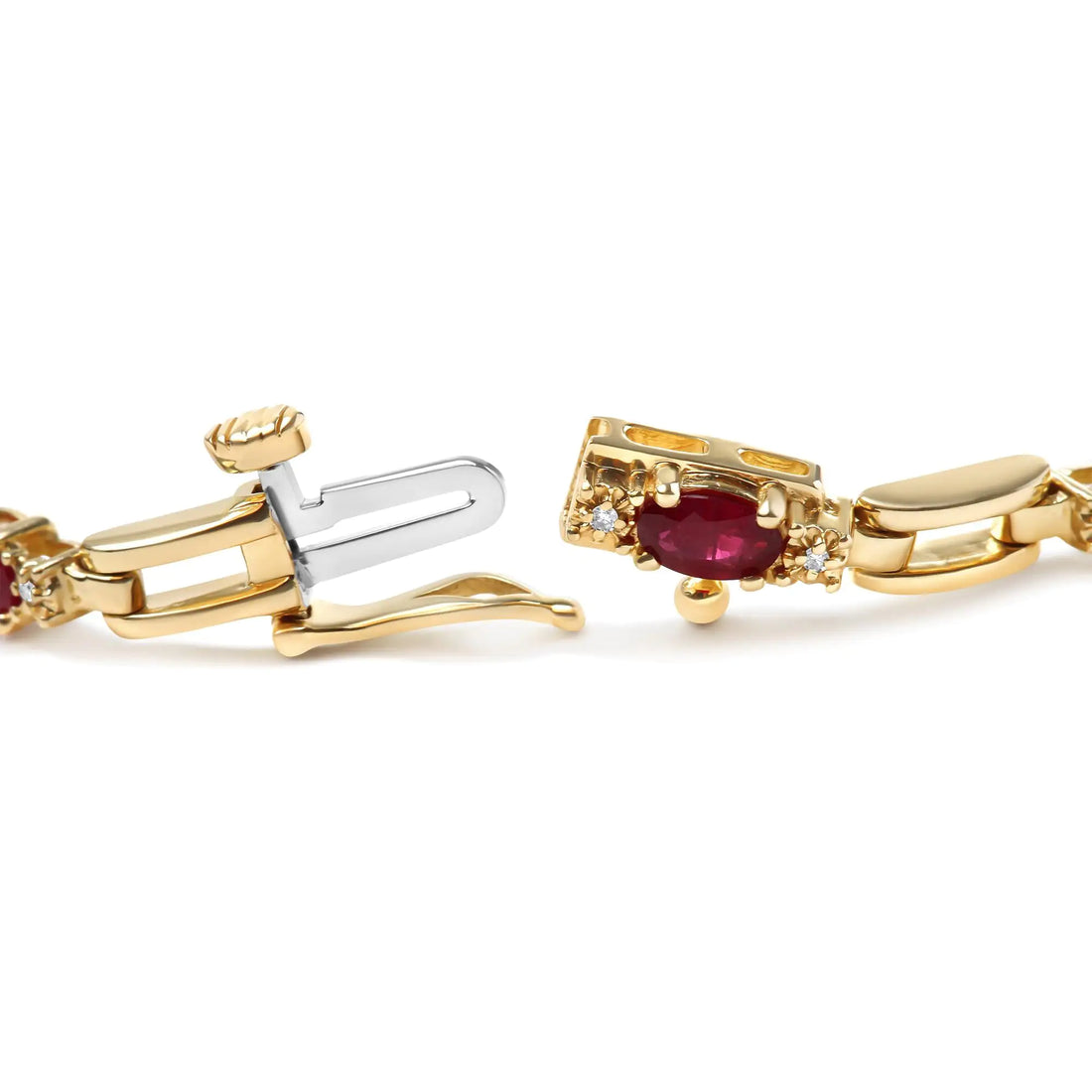 10K Yellow Gold Oval Ruby and 1/10 Cttw Diamond Bar Prong Set Bracelet (H-I Color, SI1-SI2 Clarity)  - Size 7&quot;