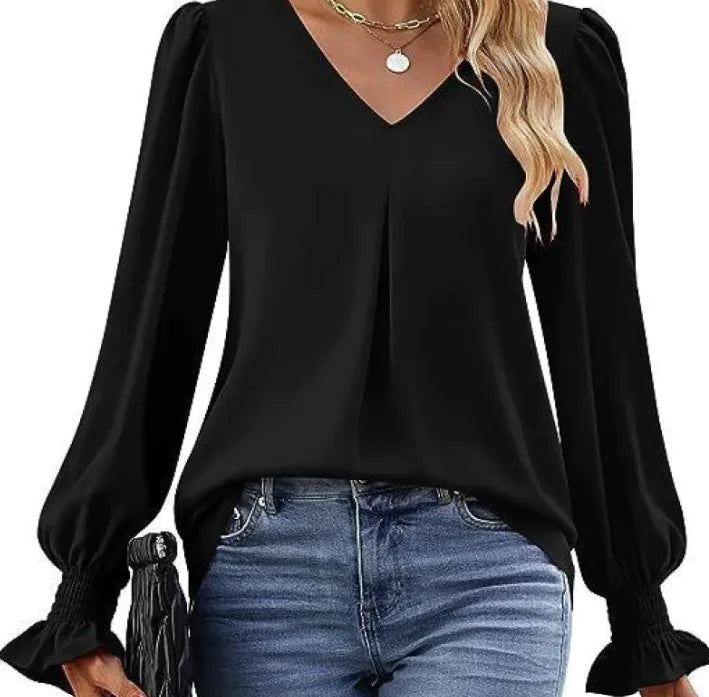 Solid Color V-neck Chiffon Shirt