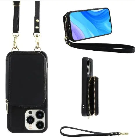 Crossbody Leather Case with Zipper &amp; Card Holder for Iphone