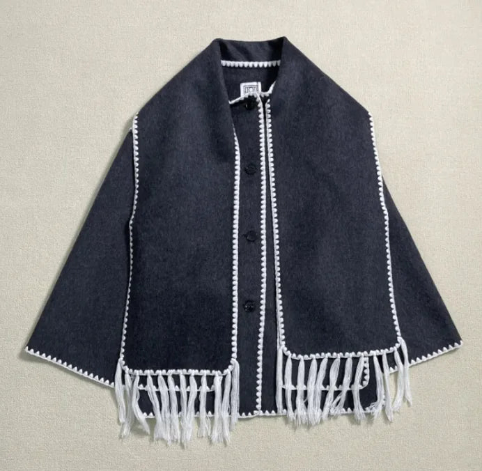 Tassel Scarf Collar Wool Blend Coat