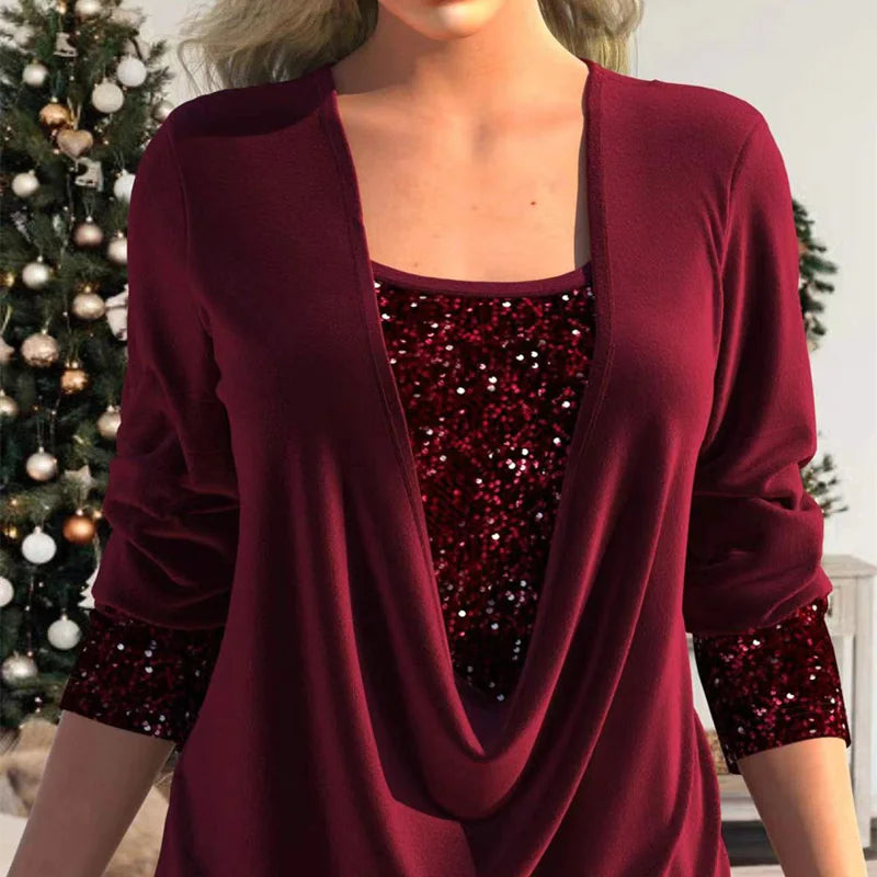 Sequin-Stitched U-Neck Long-Sleeve Top