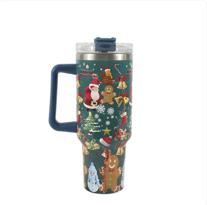 Christmas Stainless Steel Travel Mug with Handle, Lid, and Straw