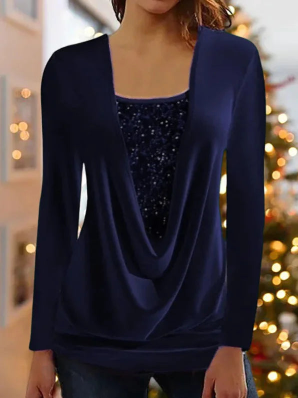 Sequin-Stitched U-Neck Long-Sleeve Top