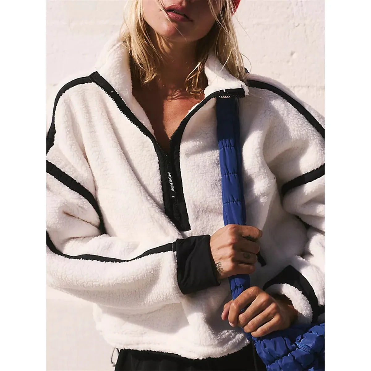 European &amp; American Contrast Color Zipper Lamb Wool Sweatshirt